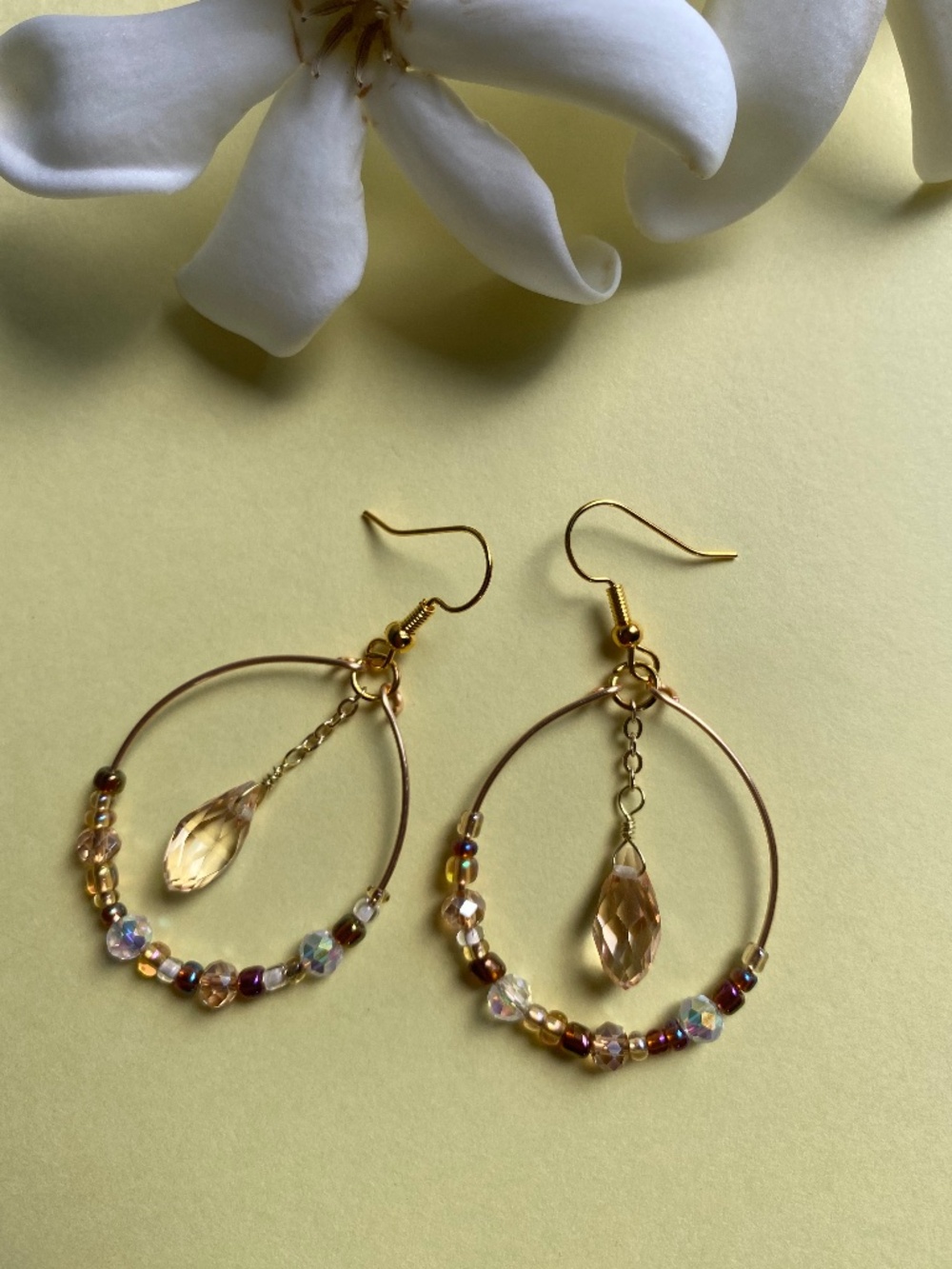 Handmade Hoop Earrings with Champagne Faceted Crystal & Beads